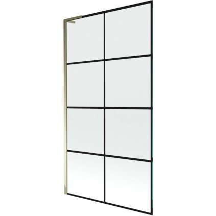 Mexen Next L, 1-krídlová vaňová zástena 100 x 150 cm, 6mm číre sklo-čierny vzor, zlatý lesklý profil, 895-100-000-03-77-50