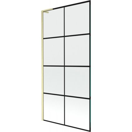 Mexen Next L, 1-krídlová vaňová zástena 90 x 150 cm, 6mm číre sklo-čierny vzor, zlatý matný profil, 895-090-000-03-77-55