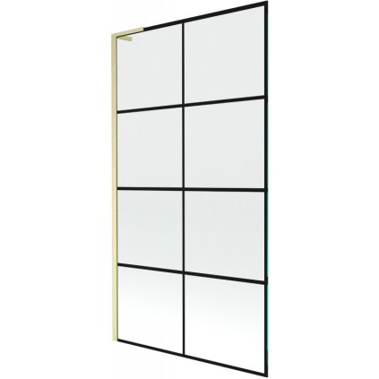 Mexen Next L, 1-krídlová vaňová zástena 100 x 150 cm, 6mm číre sklo-čierny vzor, zlatý matný profil, 895-100-000-03-77-55