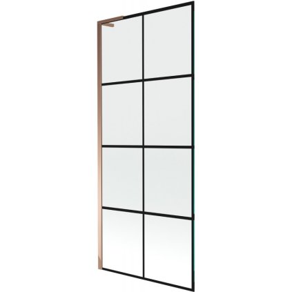 Mexen Next L, 1-krídlová vaňová zástena 80 x 150 cm, 6mm číre sklo-čierny vzor, ružové zlato profil, 895-080-000-03-77-60