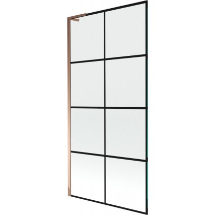 Mexen Next L, 1-krídlová vaňová zástena 90 x 150 cm, 6mm číre sklo-čierny vzor, ružové zlato profil, 895-090-000-03-77-60