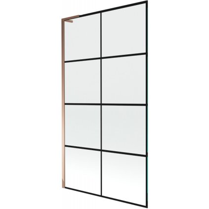 Mexen Next L, 1-krídlová vaňová zástena 100 x 150 cm, 6mm číre sklo-čierny vzor, ružové zlato profil, 895-100-000-03-77-60