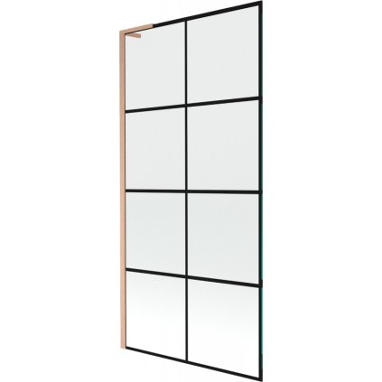 Mexen Next L, 1-krídlová vaňová zástena 90 x 150 cm, 6mm číre sklo-čierny vzor, medený profil, 895-090-000-03-77-65