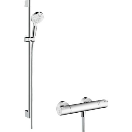 Hansgrohe Crometta, Vario sprchová súprava na stenu s termostatom Ecostat 1001 CL a sprchovou tyčou 90 cm, biela/chrómová, HAN-27813400