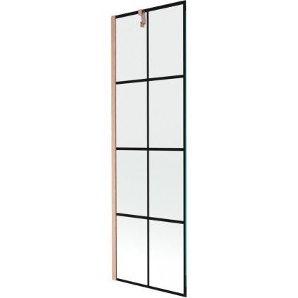 Mexen Next, 1-krídlová vaňová zástena 60 x 150 cm, 6mm číre sklo - čierny vzor, medená matná, 895-060-000-00-70-77