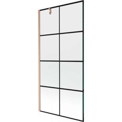 Mexen Next, 1-krídlová vaňová zástena 90 x 150 cm, 6mm číre sklo - čierny vzor, medená matná, 895-090-000-00-70-77