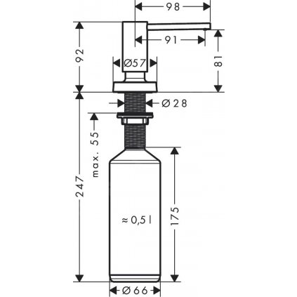 Hansgrohe, príslušenstvo, dávkovač prostriedku na umývanie A51, 500 ml, matná čierna, HAN-40448670