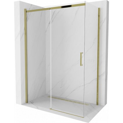 Mexen Omega, sprchovací kút s posuvnými dverami 140 (dvere) x 70 (stena) cm, 8mm sklo, zlatý profil-číre sklo, 825-140-070-50-00