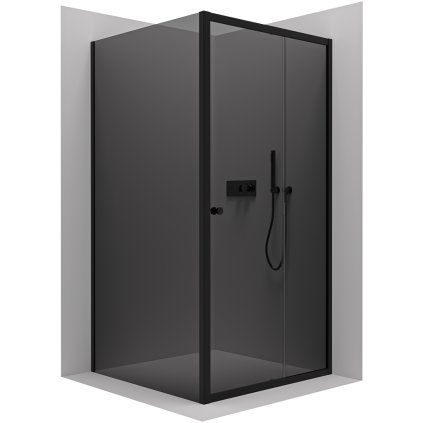 Cerano Varone, sprchovací kút s posuvnými dverami 110 (dvere) x 90 (stena) x 195 cm, 6mm šedé sklo, čierny profil, CER-CER-429616