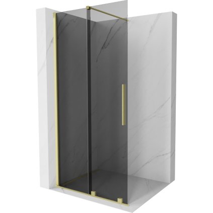 Mexen Velar, sprchová zástena s posuvnými dverami Walk-in 85 x 200 cm, 8mm šedé sklo, zlatá matná, 871-085-000-43-55