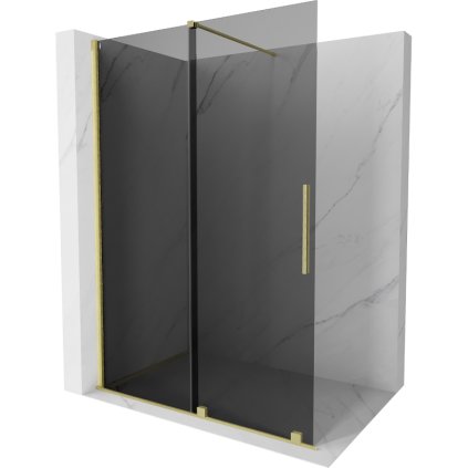 Mexen Velar, sprchová zástena s posuvnými dverami Walk-in 140 x 200 cm, 8mm šedé sklo, zlatá matná, 871-140-000-43-55
