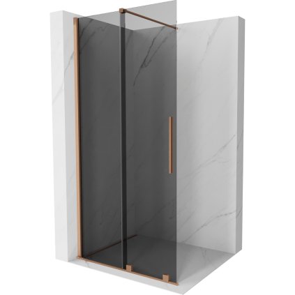 Mexen Velar, sprchová zástena s posuvnými dverami Walk-in 85 x 200 cm, 8mm šedé sklo, medená matná, 871-085-000-43-65