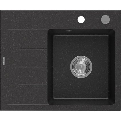 Mexen Ben, 1-komorový granitový drez 600x500x190 mm, pravý + chrómový sifón, čierna-strieborná metalíza, 6523605000-73