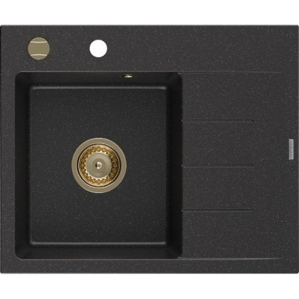 Mexen Ben, 1-komorový granitový drez 600x500x190 mm, ľavý + zlatý sifón, čierna-strieborná metalíza, 6522605000-73-G