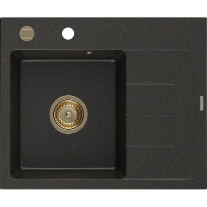 Mexen Ben, 1-komorový granitový drez 600x500x190 mm, ľavý + zlatý sifón, čierna-zlatá metalíza, 6522605000-75-G