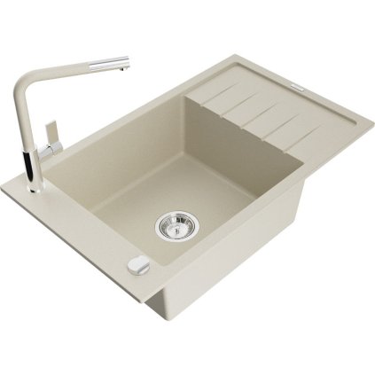 Mexen Elias, 1-komorový granitový drez 795x480x200 mm a drezová batéria Flora, béžová, 6511-69-670401-09