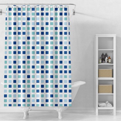 Aqualine, Sprchový záves 180x180cm, vinyl, biele, modré kocky, ZV036