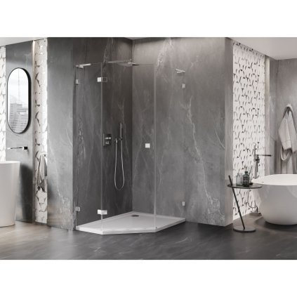 Mexen Lunar, L päťuholníkový sprchový kút naklápací doľava 80 x 100 cm, 8mm číre sklo, chrómový profil, 831L-080L-100P-01-00-L