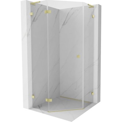 Mexen Lunar, L päťuholníkový sprchový kút naklápací doľava 100 x 100 cm, 8mm číre sklo, zlatý matný profil, 831L-100L-100P-55-00-L