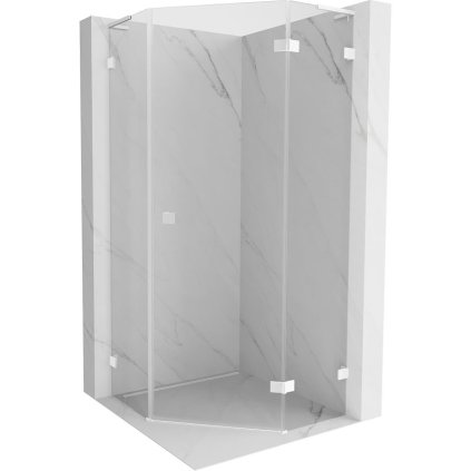 Mexen Lunar, L pravý výklopný päťuholníkový sprchový kút 90 x 90 cm, 8mm číre sklo, biely profil, 831L-090P-090L-20-00-P