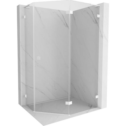 Mexen Lunar, L pravý výklopný päťuholníkový sprchový kút 100 x 90 cm, 8mm číre sklo, biely profil, 831L-100P-090L-20-00-P