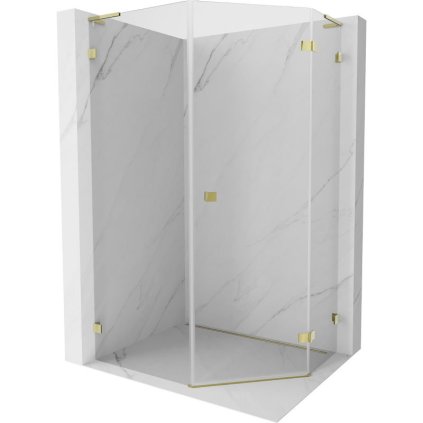 Mexen Lunar, L pravý výklopný päťuholníkový sprchový kút 90 x 100 cm, 8mm číre sklo, zlatý profil, 831L-090P-100L-50-00-P