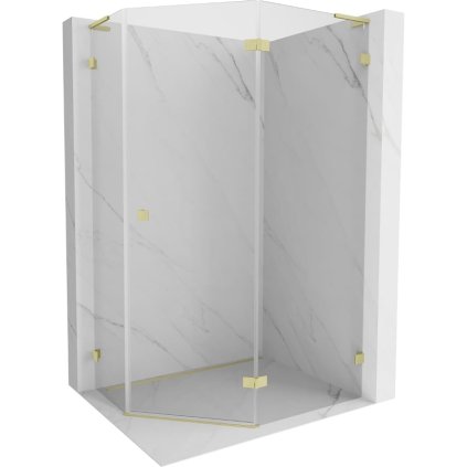 Mexen Lunar, L pravý výklopný päťuholníkový sprchový kút 90 x 80 cm, 8mm číre sklo, zlatý matný profil, 831L-090P-080L-55-00-P