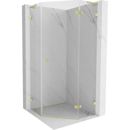 Mexen Lunar, L päťuholníkový sprchový kút s pravým sklonom 90 x 90 cm, 8mm číre sklo, zlatý matný profil, 831L-090P-090L-55-00-P