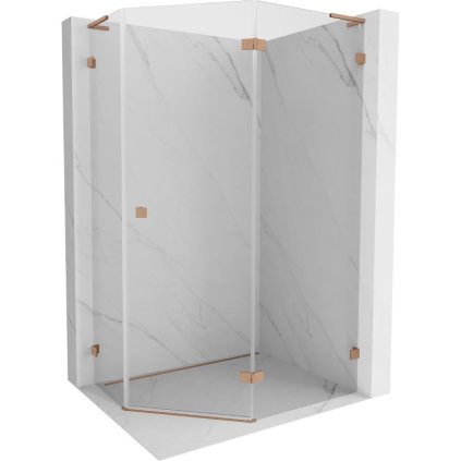 Mexen Lunar, L pravý výklopný päťuholníkový sprchový kút 90 x 80 cm, 8mm číre sklo, profil medená matná, 831L-090P-080L-65-00-P