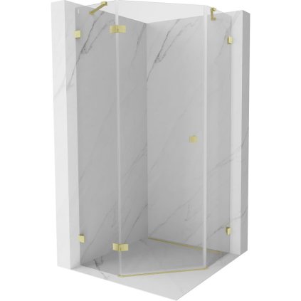 Mexen Lunar, päťuholníkový sprchový kút s ľavým sklonom 90 x 90 cm, 8mm číre sklo, zlatý matný profil, 831-090L-090P-55-00-L