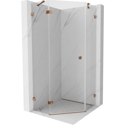 Mexen Lunar, päťuholníkový sprchový kút s ľavým sklonom 90 x 90 cm, 8mm číre sklo, profil ružové zlato, 831-090L-090P-60-00-L