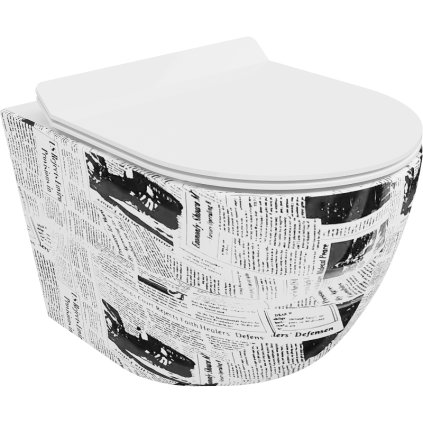 Mexen Lena, závesná WC misa 48x36 cm, Rimless so sedátkom pomaly-padajúcim, vzor-gazeta, 30224099