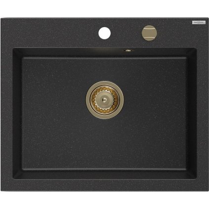 Mexen Elix, 1-komorový granitový drez 600 x 500 mm, čierna/strieborná metalíza, zlatý sifón - 6525601005-73-G