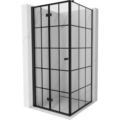 Mexen Mist-F T, 1-krídlový skladací sprchový kút ľavý 85 x 85 cm, čierna mriežka, čierna - 8A6T-085-085-70-77-L