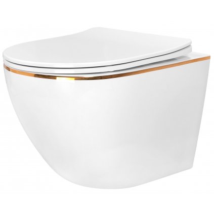 Rea Carlo Mini, závesná WC misa 49x37 cm Rimless s pomaly padajúcim toaletným sedadlom, biela-zlatý okraj, REA-C1222