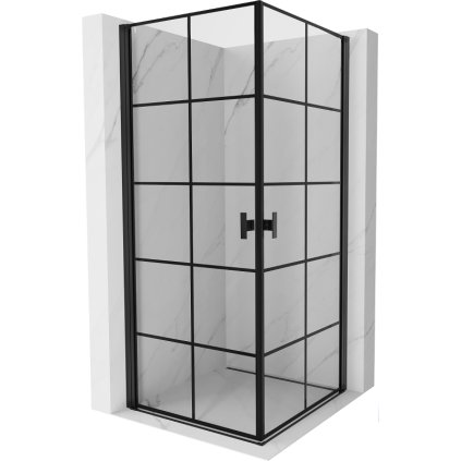 Mexen Mist-B Duo, 2-krídlový výklopný sprchový kút 100 x 100 cm, číre sklo-čierna mriežka, 8A2-100L-100P-70-77