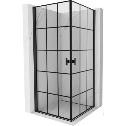 Mexen Mist-B Duo, 2-krídlový výklopný sprchový kút 100 x 100 cm, číre sklo-čierna mriežka, 8A2-100L-100P-70-77