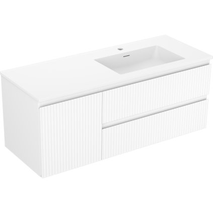 Mexen Rivel, kúpeľňová skrinka 120 cm s pravým umývadlom Otis, 2S, 1D, drážkovaná, biela matná, 91A23-12047-3-BBFFF01-W18P01