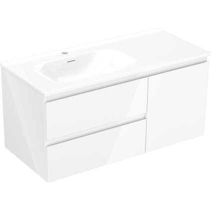 Mexen Orio, kúpeľňová skrinka 100 cm s umývadlom Vela vľavo, 2S, 1D, biela lesklá, 91A13-10047-3-BBFFF00-W23L00
