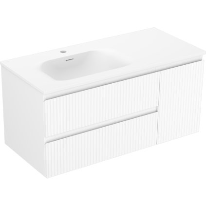 Mexen Rivel, kúpeľňová skrinka 100 cm s umývadlom Vela vľavo, 2S, 1D, drážkovaná, biela matná, 91A23-10047-3-BBFFF01-W23L01