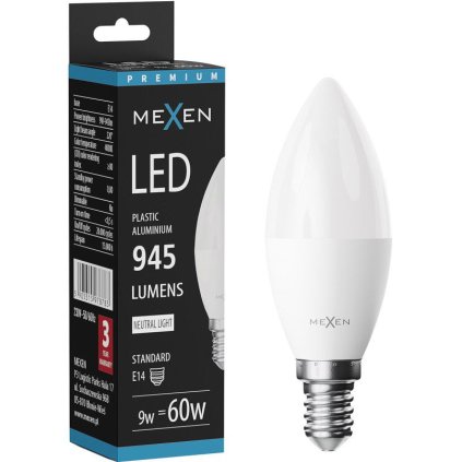 Mexen Nova, LED žiarovka E14, C37, 9W, teplá - 3000K, 945 lm - L102-E14-0930-01