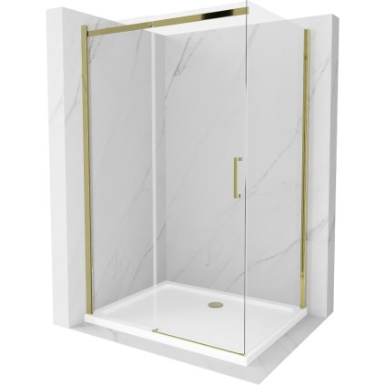 Mexen Omega, sprchovací kút s posuvnými dverami 100 (dvere) x 70 (stena) cm, 8mm číre sklo, zlatý profil + slim sprchová vanička 5cm, 825-100-070-50-00-4010
