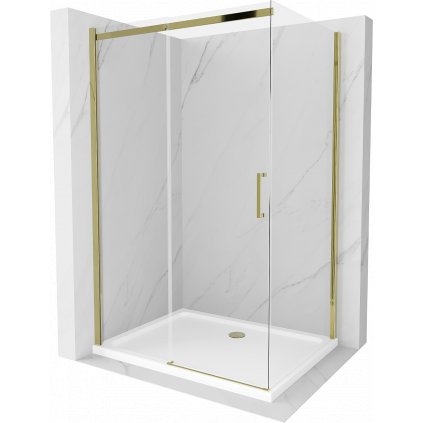 Mexen Omega, sprchovací kút s posuvnými dverami 100 (dvere) x 90 (stena) cm, 8mm číre sklo, zlatý profil + slim sprchová vanička 5cm, 825-100-090-50-00-4010