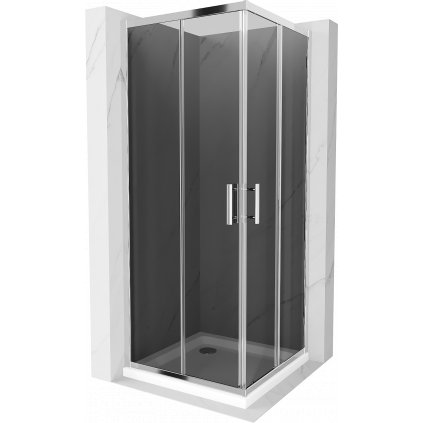 Mexen Rio, štvorcový sprchovací kút s posuvnými dverami 70 (dvere) x 70 (dvere) x 190 cm, 5mm šedé sklo, chrómový profil + biela sprchová vanička SLIM, 860-070-070-01-40-4010