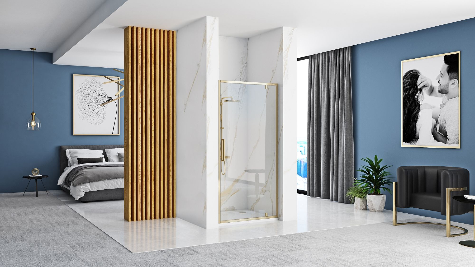 Rea Rapid Swing, 1-krídlové sprchové dvere 100 x 195 cm, 6mm číre sklo, zlatý lesklý profil, REA-K5619