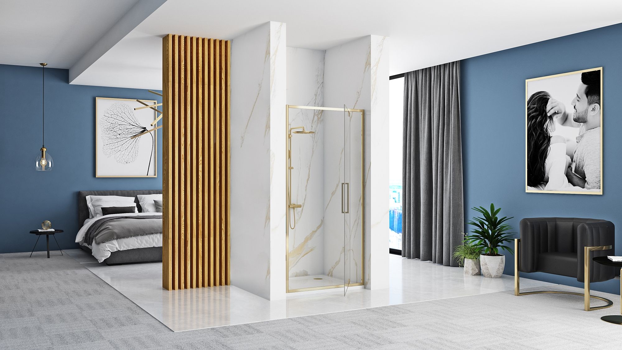 Rea Rapid Swing, 1-krídlové sprchové dvere 90 x 195 cm, 6mm číre sklo, zlatý lesklý profil, REA-K5618