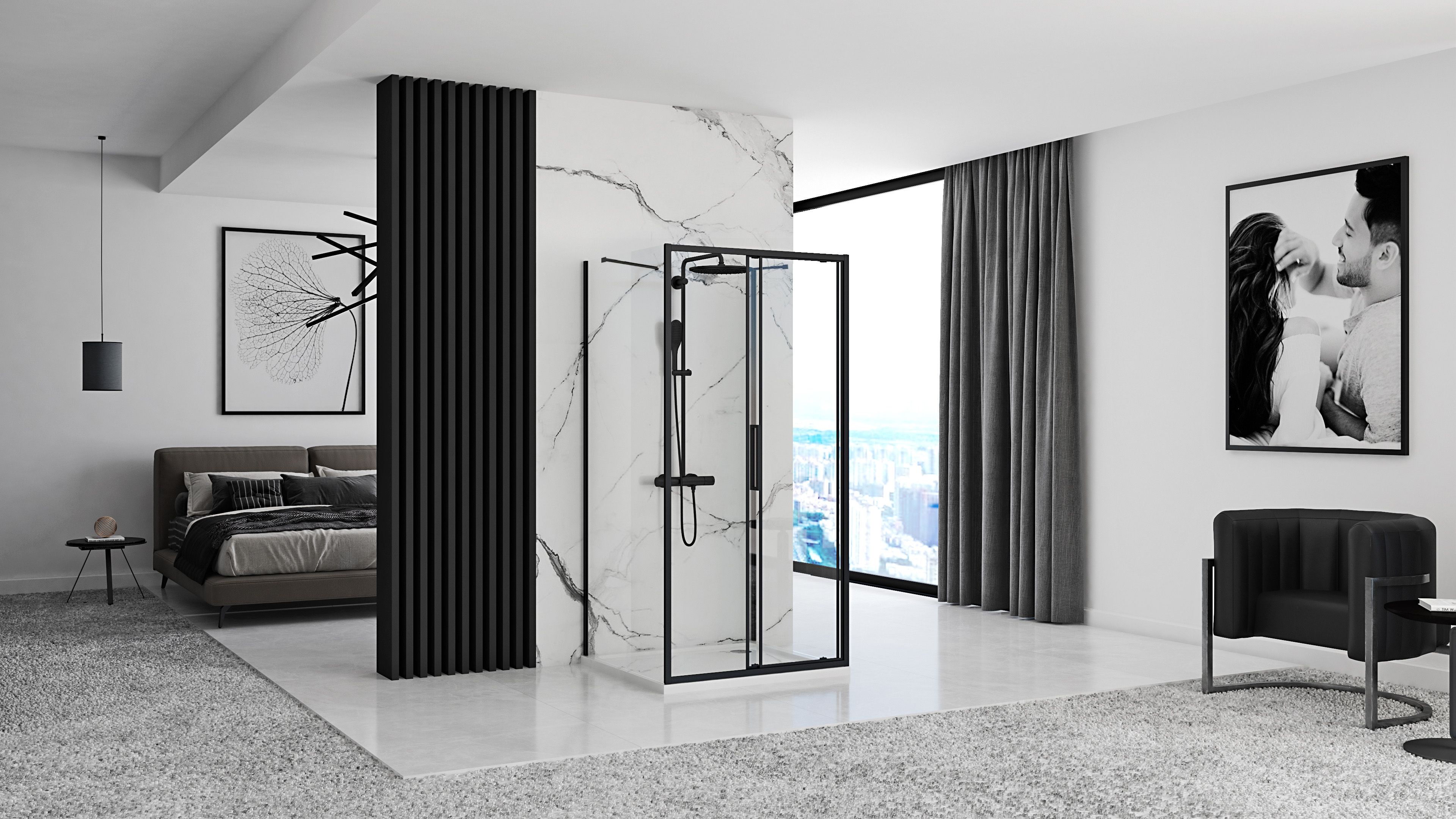 Rea Rapid Slide Wall, 3-stenný sprchovací kút s posuvnými dverami 130 (dvere) x 90 (stena) x 195 cm, 6mm číre sklo, čierny profil, KPL-09884