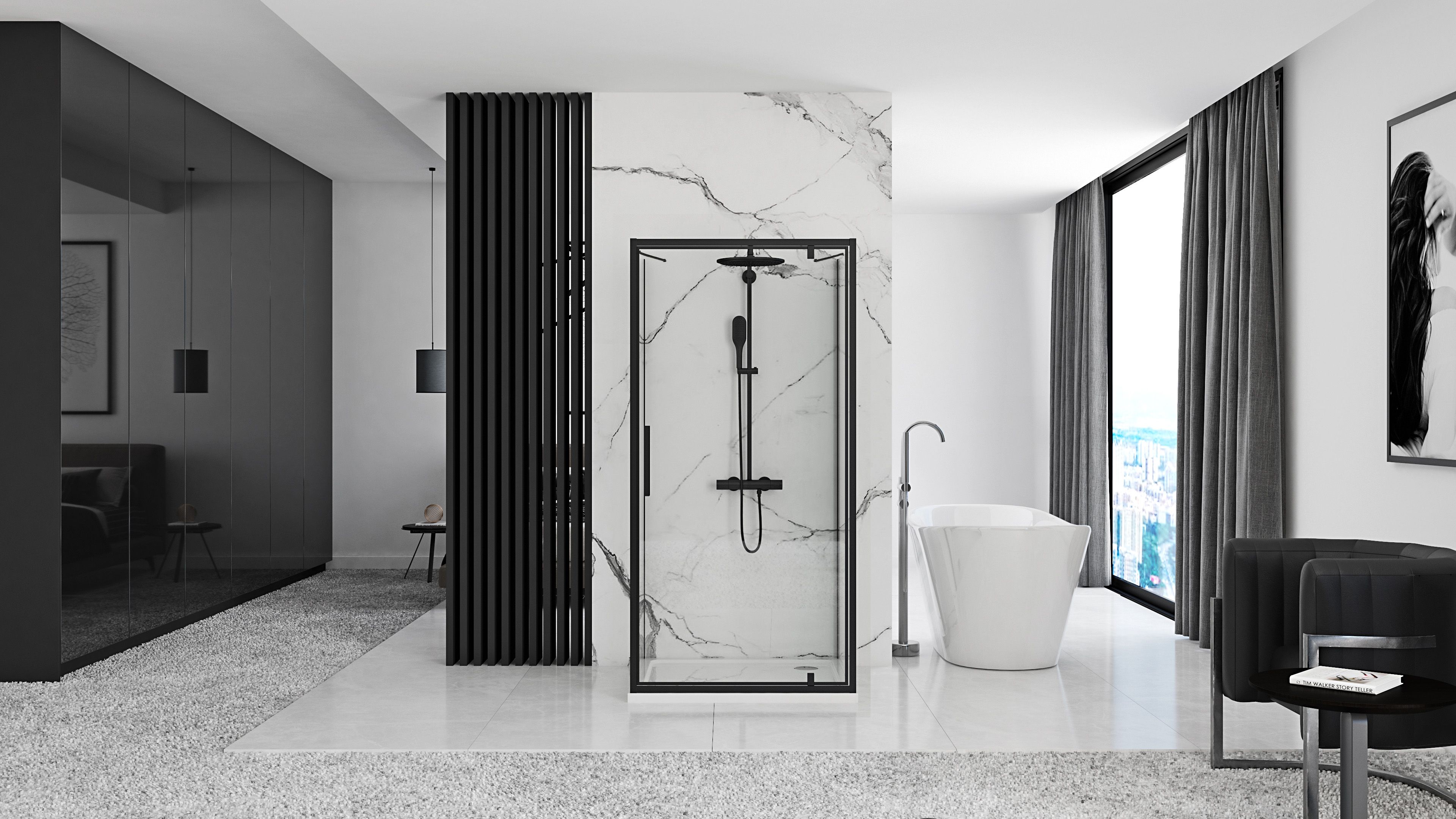 Rea Rapid Swing, 3-stenový sprchovací kút 90 (dvere) x 100 (stena) x 195 cm, 6mm číre sklo, čierny profil, KPL-009954