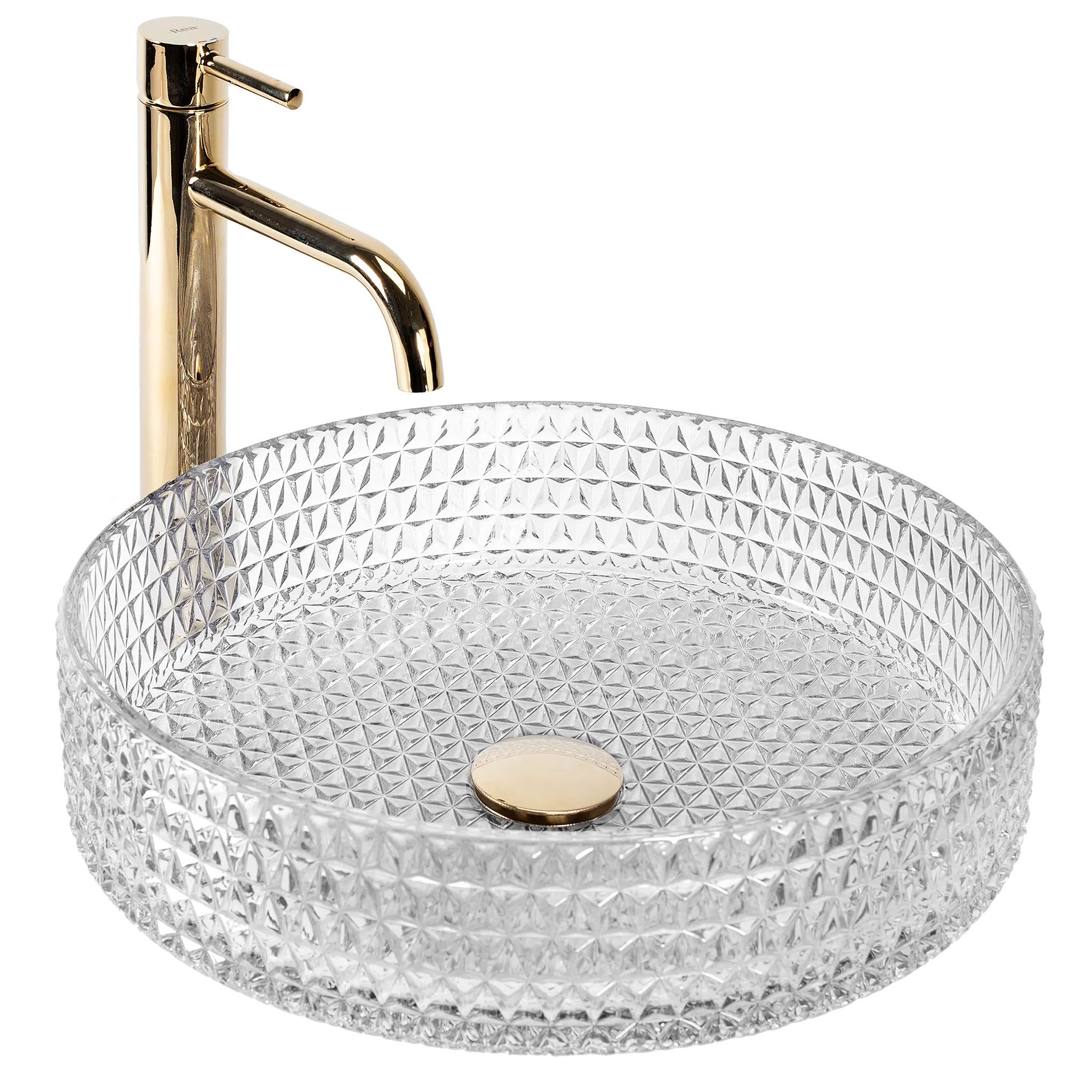 Rea Cristal, sklenené umývadlo na dosku 390x390x95 mm, číra-zlatá matná, REA-U8881