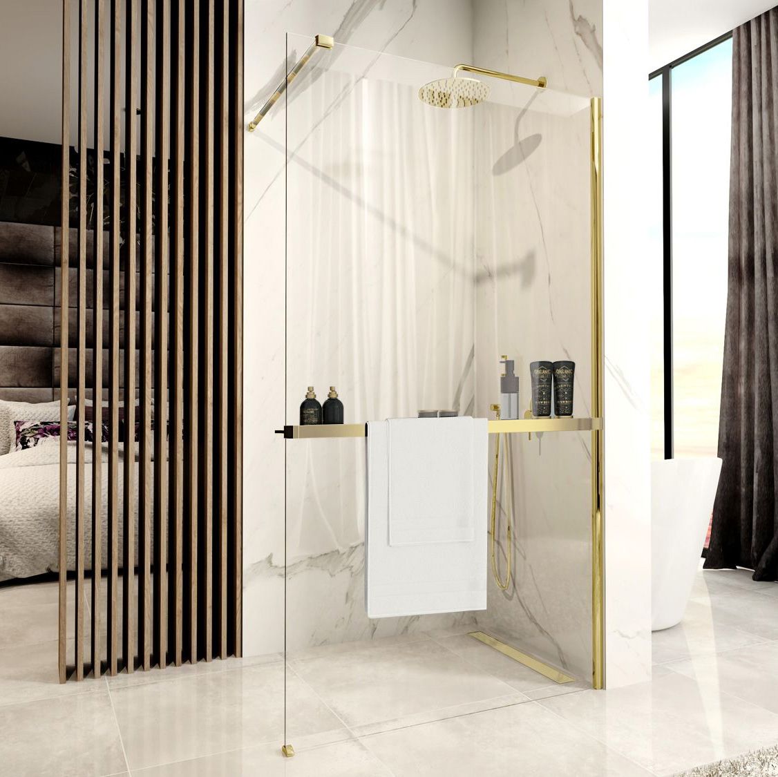 Rea Evo, závesná polica pre sprchové zásteny typu Walk-in max. šírka 120 cm, zlatá matná, REA-46000